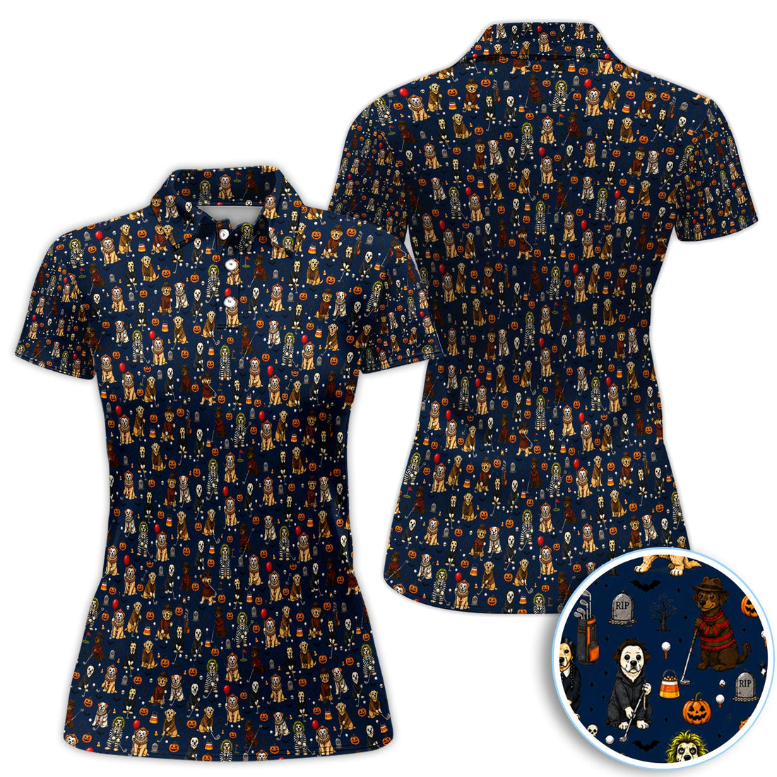 Funny Horror Dog Halloween Golf Pattern Shirt, Spooky Movie Dog Golf Shirt For Women, Halloween Golfer Gift