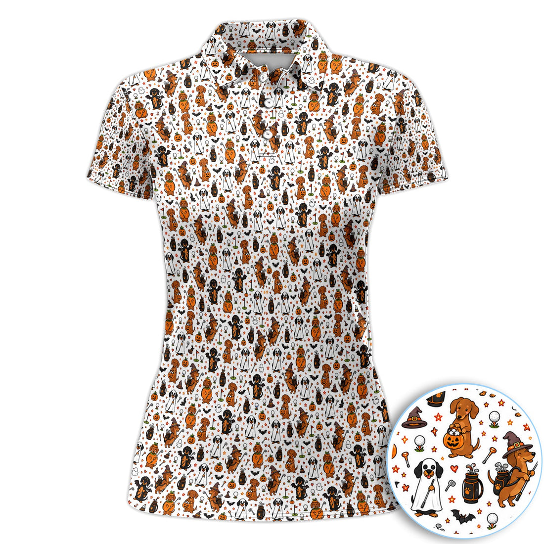 Halloween Dog Golf Polo Shirt for Women– Funny Spooky Golfer Pattern Polo