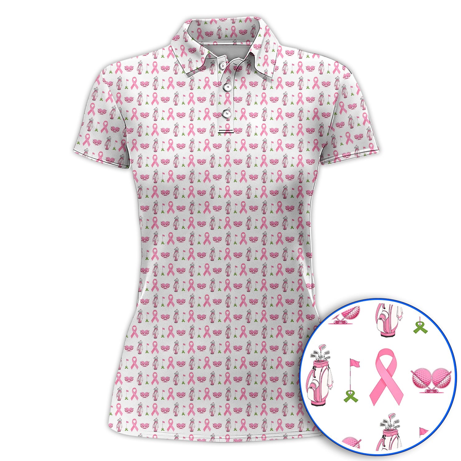 Breast Cancer Pattern Golf Polos, Pink Ribbon Golf Shirt for Golf Lovers, Support Breast Cancer Awareness Gift