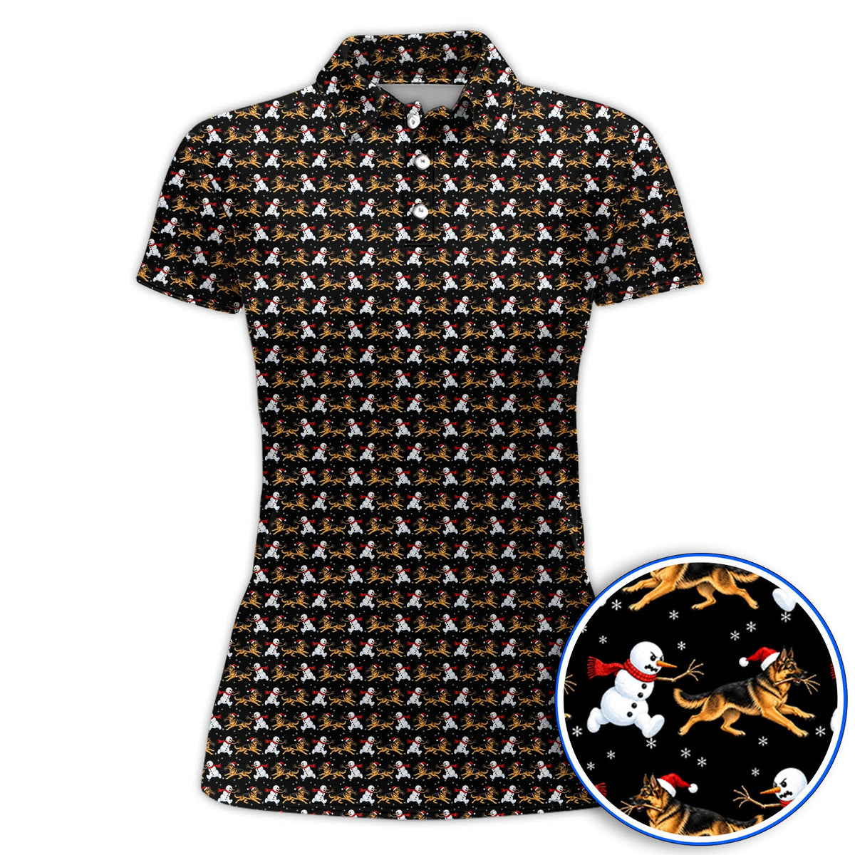 German Shepherd Christmas Golf Polos, Funny Snowman & Santa Dog Pattern Golf Shirt, Xmas Golf Gift For Golfers