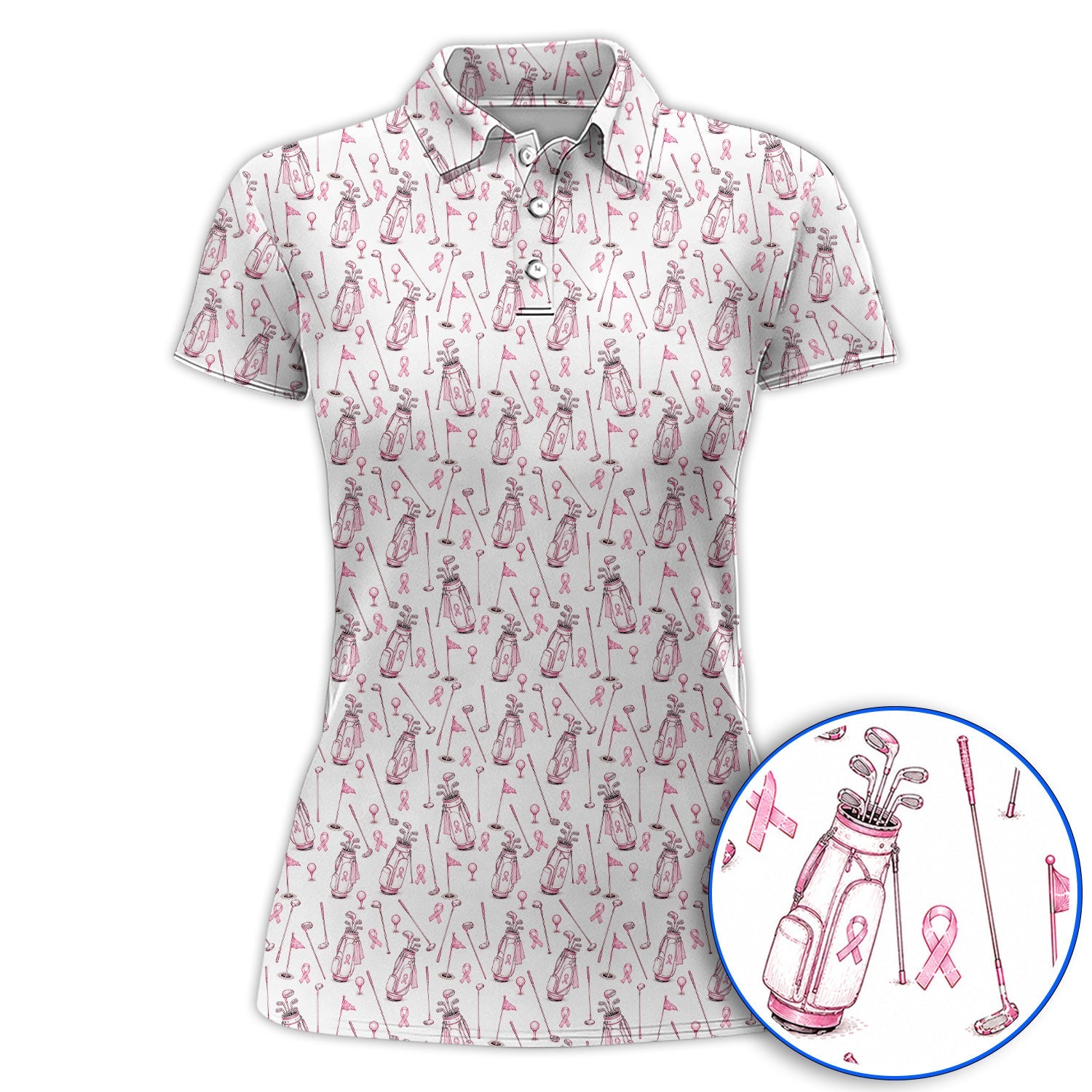 Breast Cancer Pattern Golf Shirt, Pink Ribbon Golf Polos for Golf Lovers, Support Breast Cancer Awareness Gift