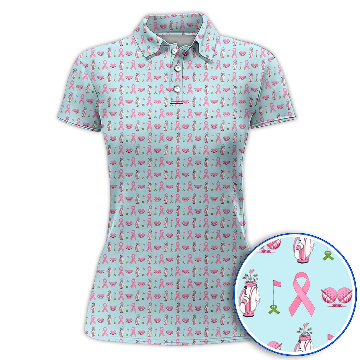 Breast Cancer Pattern Golf Polos, Pink Ribbon Golf Shirt for Golf Lovers, Support Breast Cancer Awareness Gift