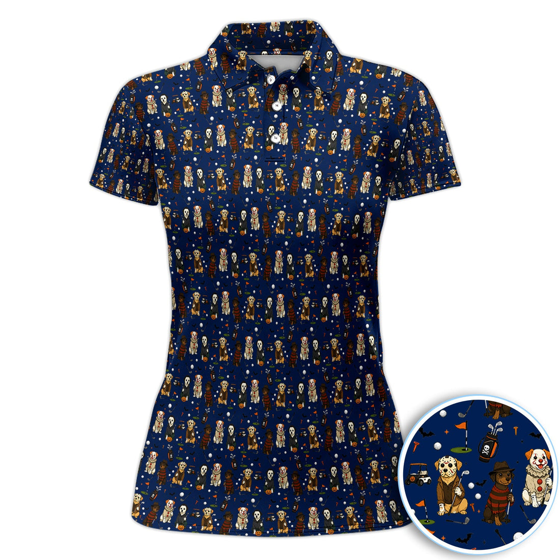 Funny Horror Dog Halloween Golf Pattern Shirt, Spooky Dog Golf Polo For Women, Halloween Golfer Gift