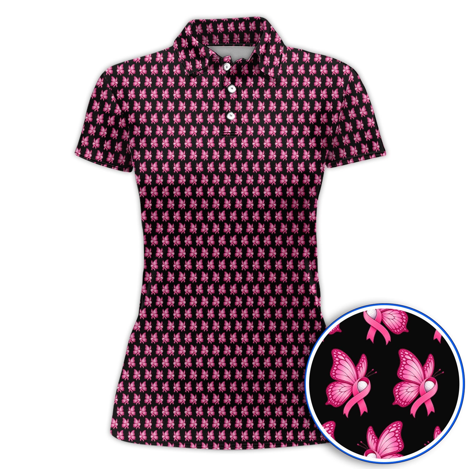Breast Cancer Awareness Golf Polos, Pink Ribbon Butterfly Golf Shirt for Golf Lovers, Support Cancer Awareness Golf Gift