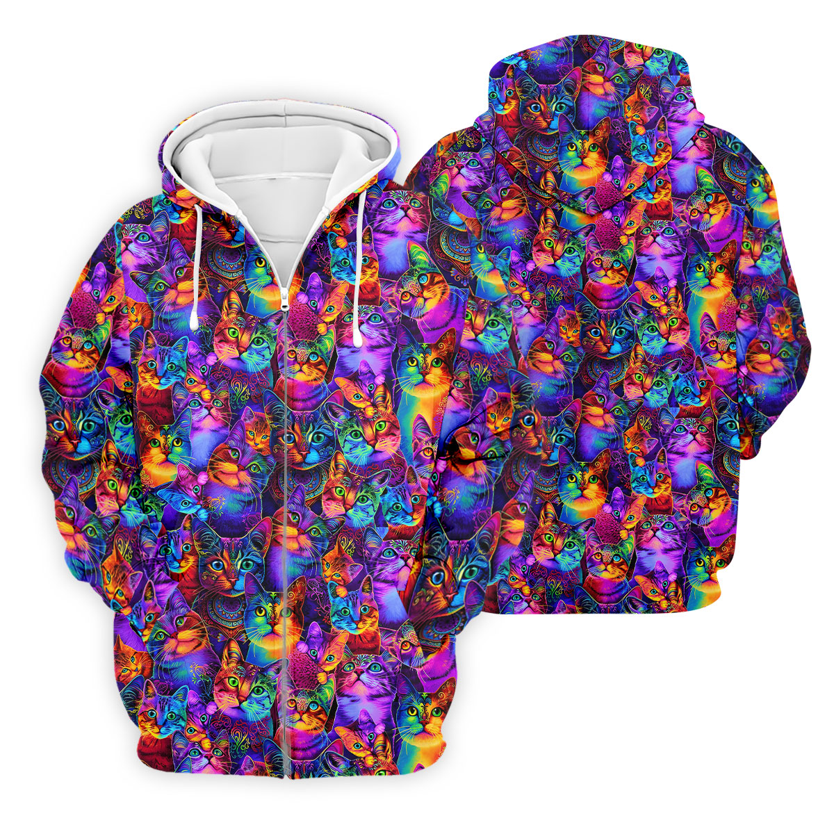 Psychedelic Cat Golf Shirt, Colorful Neon Cat Pattern, Polo Shirts For Men
