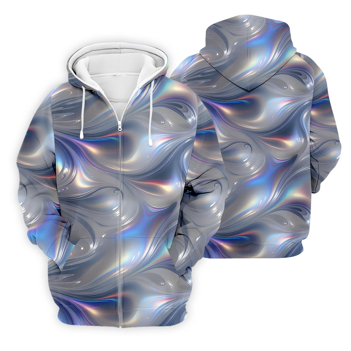 Silver Marble Golf Shirt, Futuristic Holographic Wave Pattern, Golf Shirt For Men