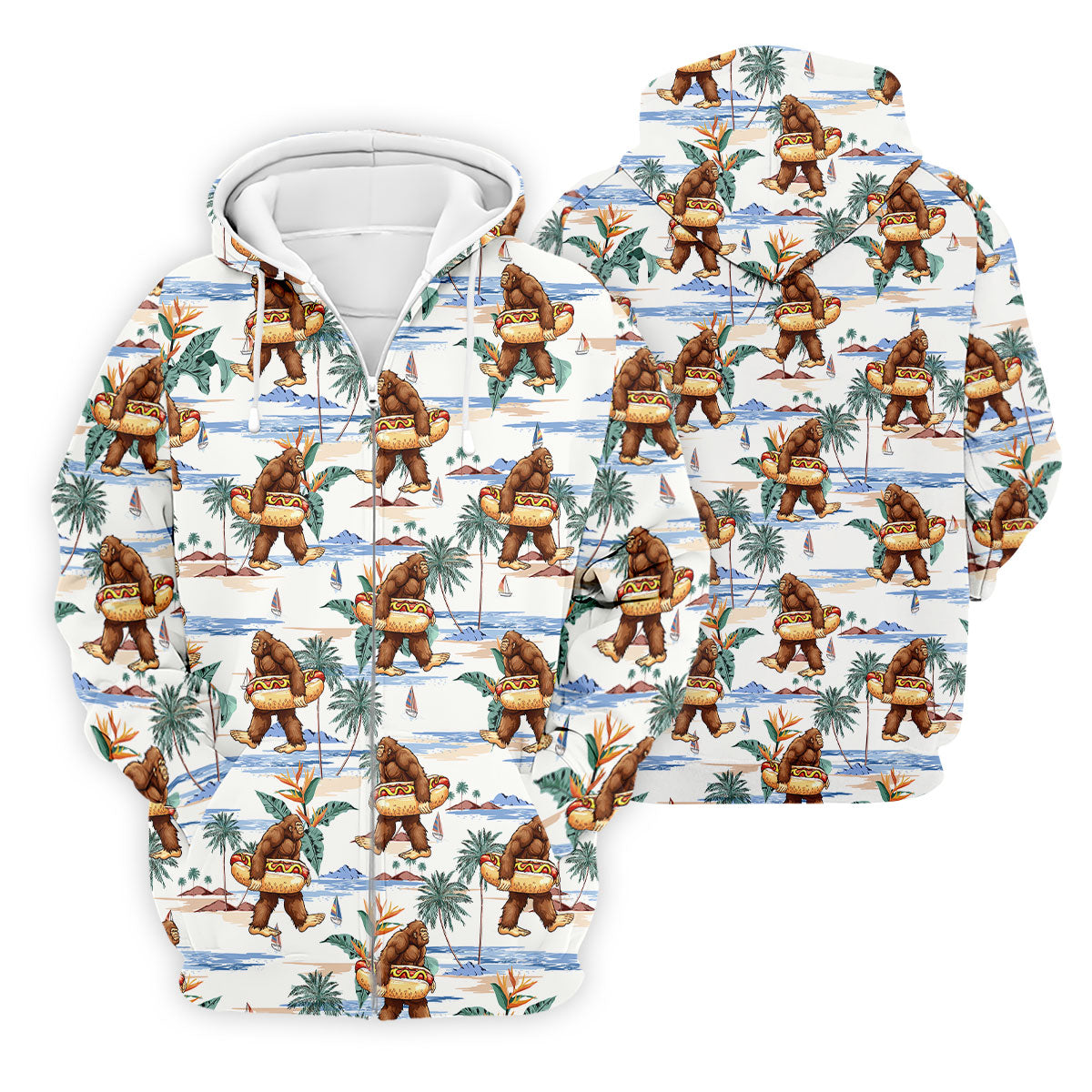Funny Bigfoot Carrying Hot Dog Float Beach Golf Polo Shirt, Hawaiian Golf Shirt, Golf Apparel For Men