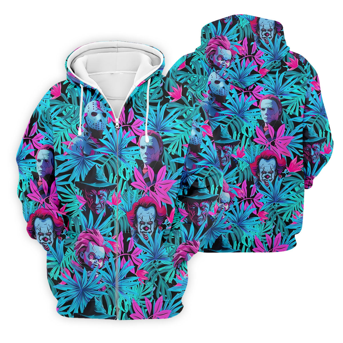 Neon Halloween Horror Character Hawaiian Golf Shirt, Men's Golf Shirt, Printed Golf Polo Shirt