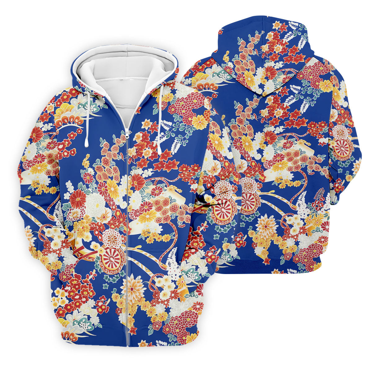 Royal Blue Japanese Floral Pattern Golf Shirt, Mens Golf Apparel, Printed Golf Shirts