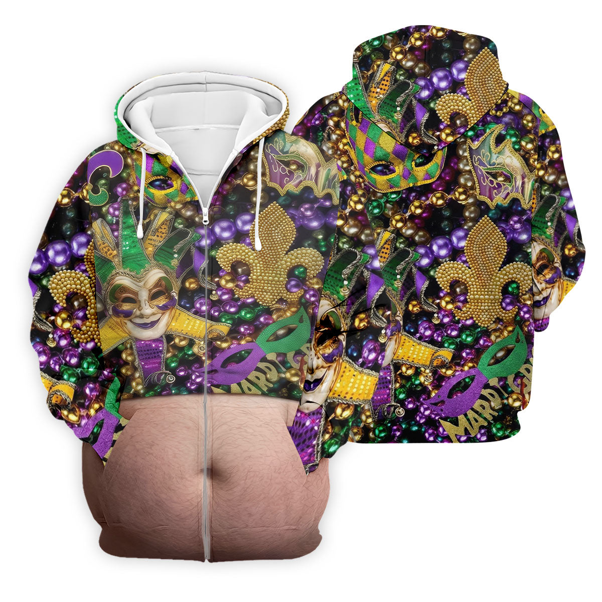 Mardi Gras Purple Green Gold Fleur De Lis Jester Mask Funny Tummy Golf Shirts For Men, Men's Funny Golf Shirts