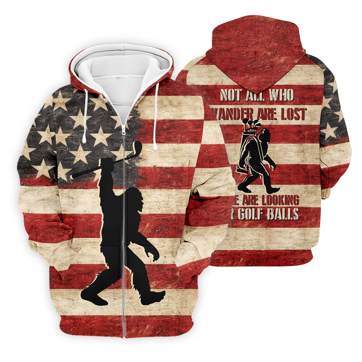 Vintage American Flag Bigfoot Golfer Polo Shirt, Mens Golf Polo, Golf Polo Shirts For Men