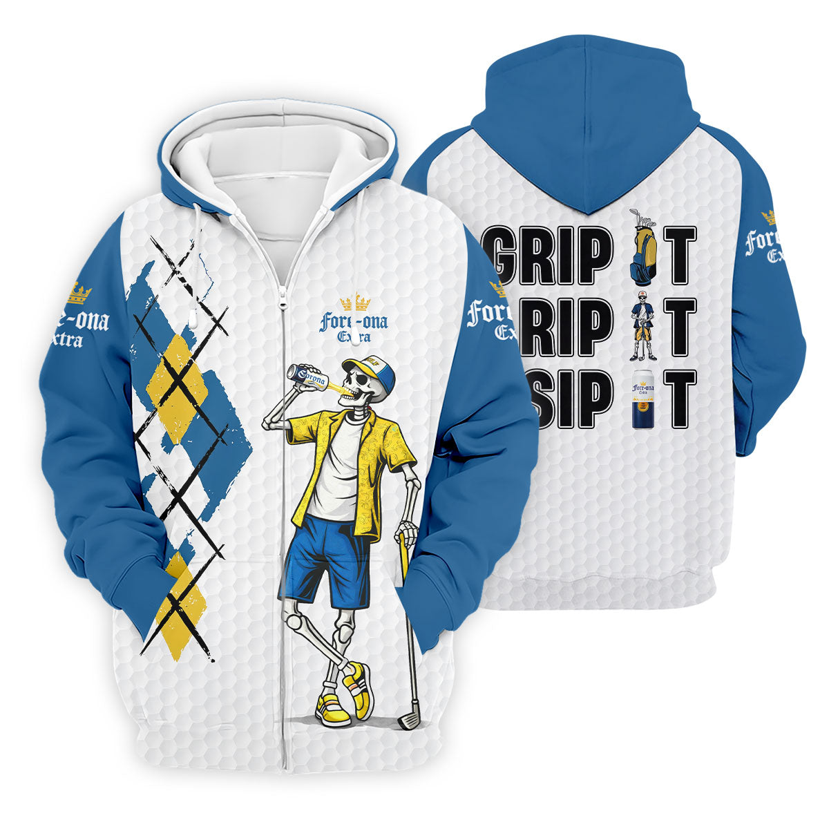 Blue Yellow Skeleton Golfer Beer Polo Shirt, Mens Golf Polo, Golf Apparel For Men