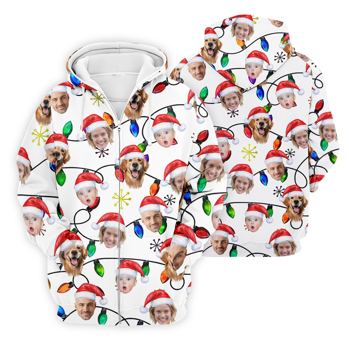 Custom Family Portrait Christmas Lights Pattern Men's Golf Polo Shirtristmas Golf Shirt, Golf Gift For Men