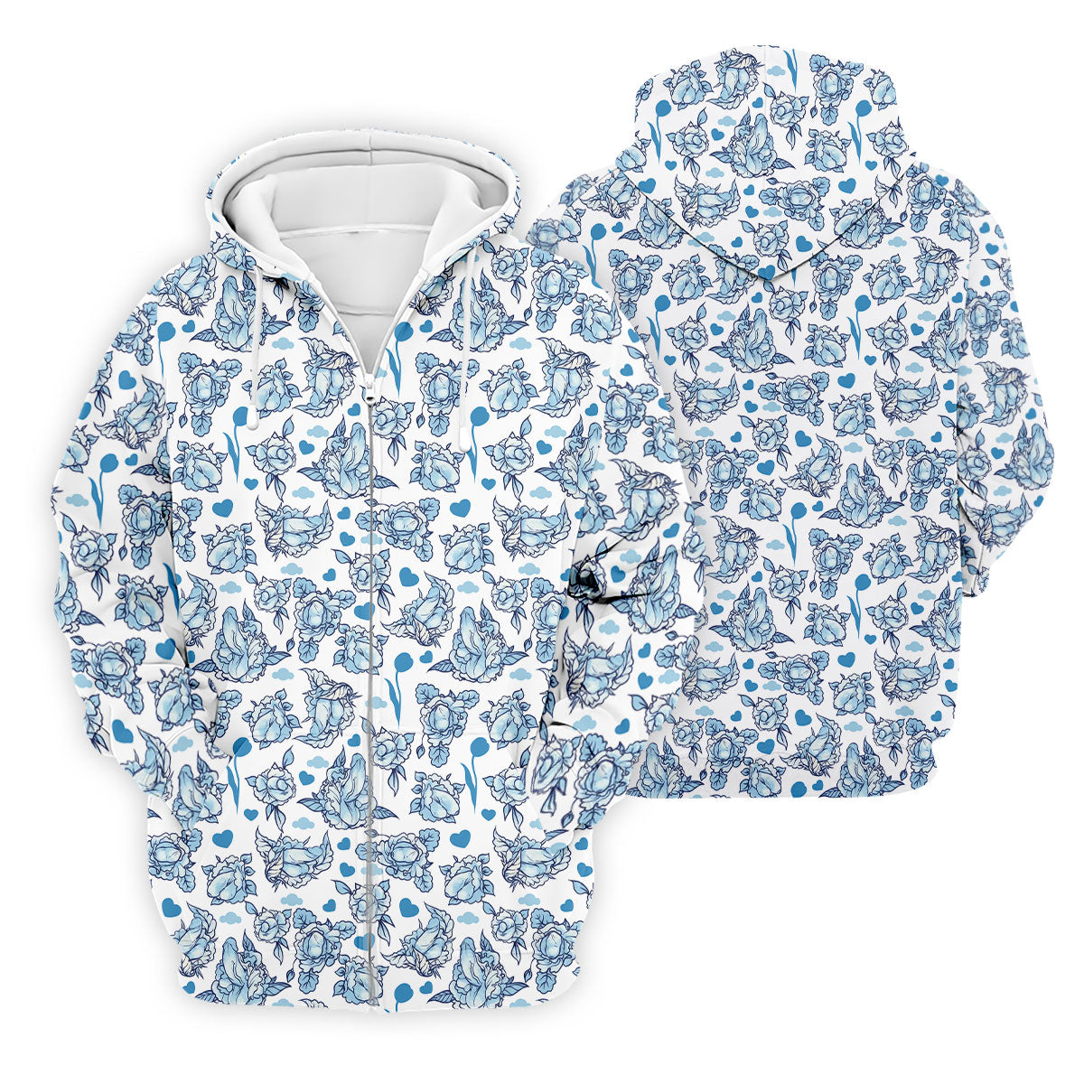 Blue Rose Floral Heart Pattern Golf Shirt, Polo Shirts For Men, Printed Golf Shirts