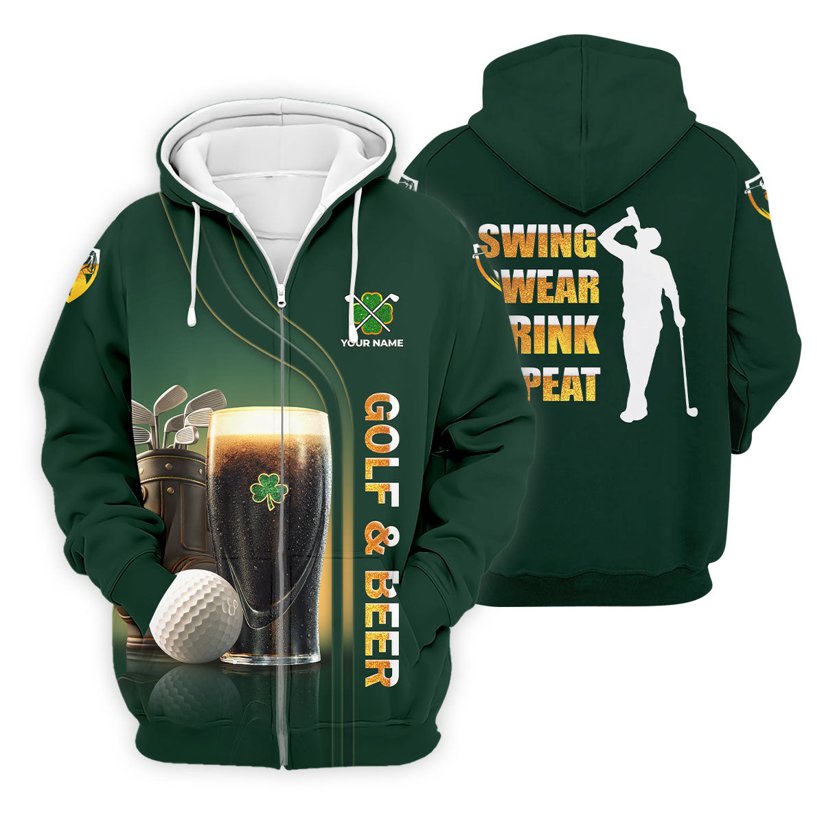 Swing Swear Drink Repeat Golf And Beer St Patrick's Day Green Golf Tops For Men, Golf Shirts For Men