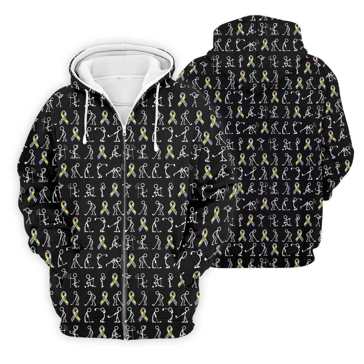 Stick Figure Golf Pose Autism Ribbon Black Golf Shirt, Autism Awareness Colors Golf Shirts For Men