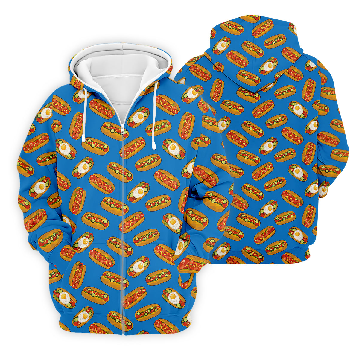 Blue Hot Dog And Fried Egg Pattern Golf Shirt, Hawaiian Golf Shirt, Mens Golf Shirts, Golf Apparel For Men