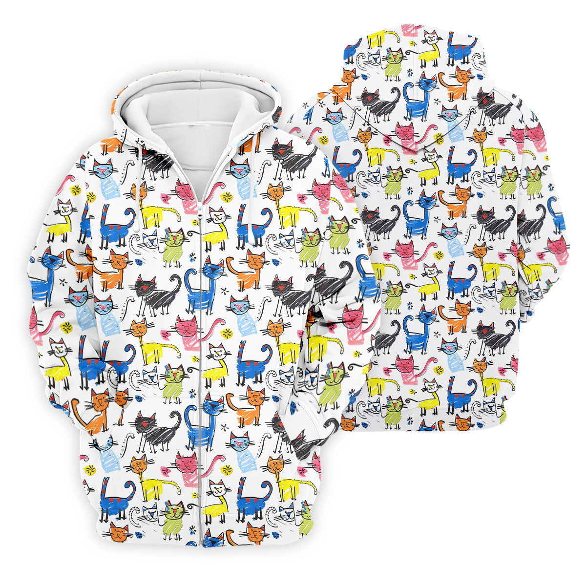 Cartoon Cat Golf Shirt, Colorful Doodle Cat Pattern, Polo Shirts For Men