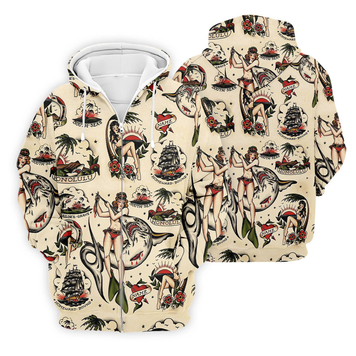 Vintage Hawaiian Pin Up Shark Tattoo Golf Shirt, Hawaiian Golf Shirt, Mens Golf Apparel