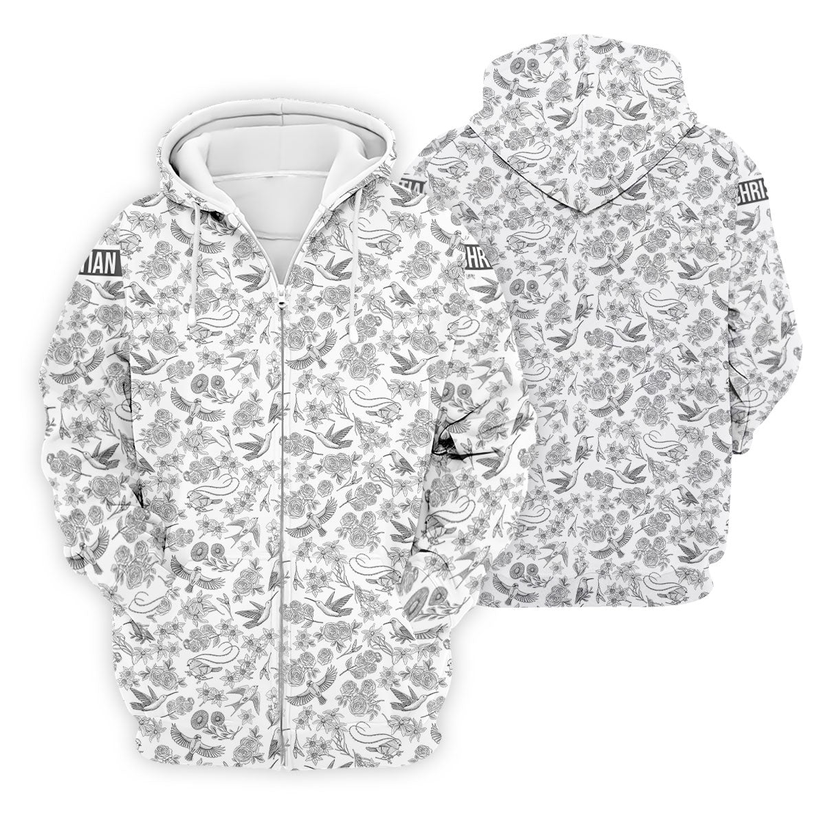 Custom Name Toile de Jouy Birds And Flowers Grey And White Polo ShirtFor Men, Golf Gift For Men