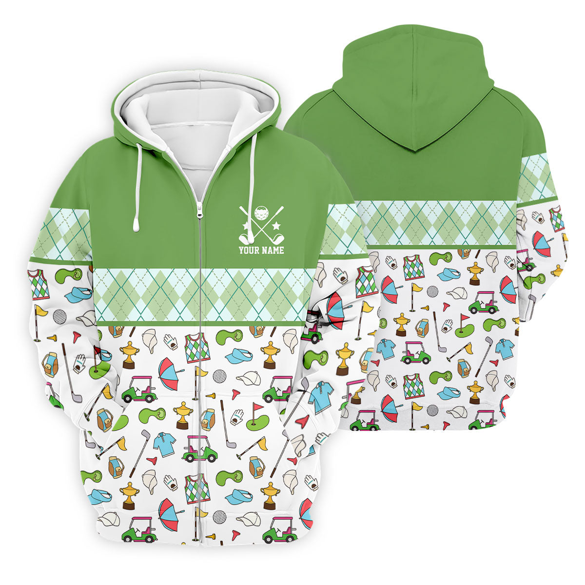 Custom Name Green Argyle Golf Icons Pattern Golf Shirt, Mens Golf Polo, Golf Shirts For Men, Printed Golf Shirts