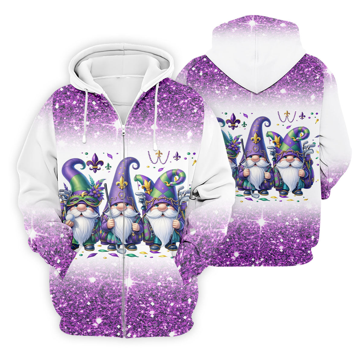 Mardi Gras Gnomes Fleur De Lis Glitter Effect Golf Tops For Men, Polo ShirtFor Men, Golf Shirts For Men