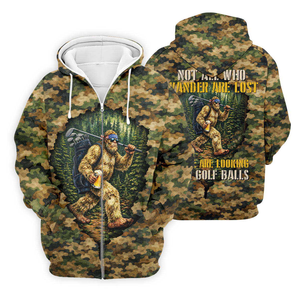 Camo Bigfoot Golfer Drinking Beer Polo Shirt, Mens Golf Shirts, Golf Apparel For Men
