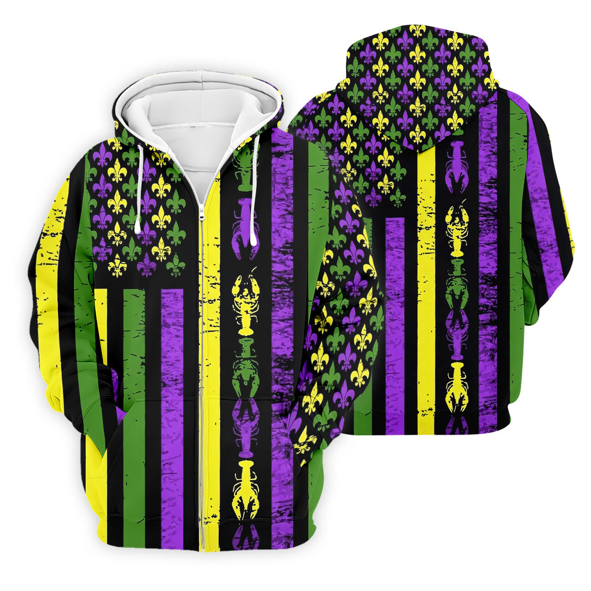 Mardi Gras Flag Fleur-De-Lis Symbol Crawfish Pattern Golf Tops For Men, Polo ShirtFor Men, Golf Shirts For Men