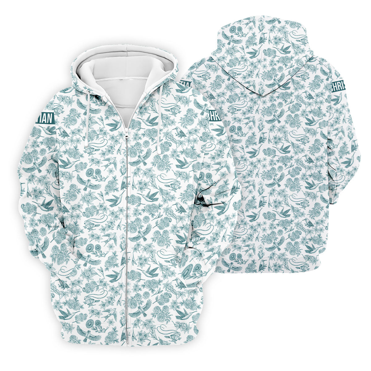 Custom Name Toile de Jouy Birds And Flowers Teal And White Polo ShirtFor Men, Golf Gift For Men