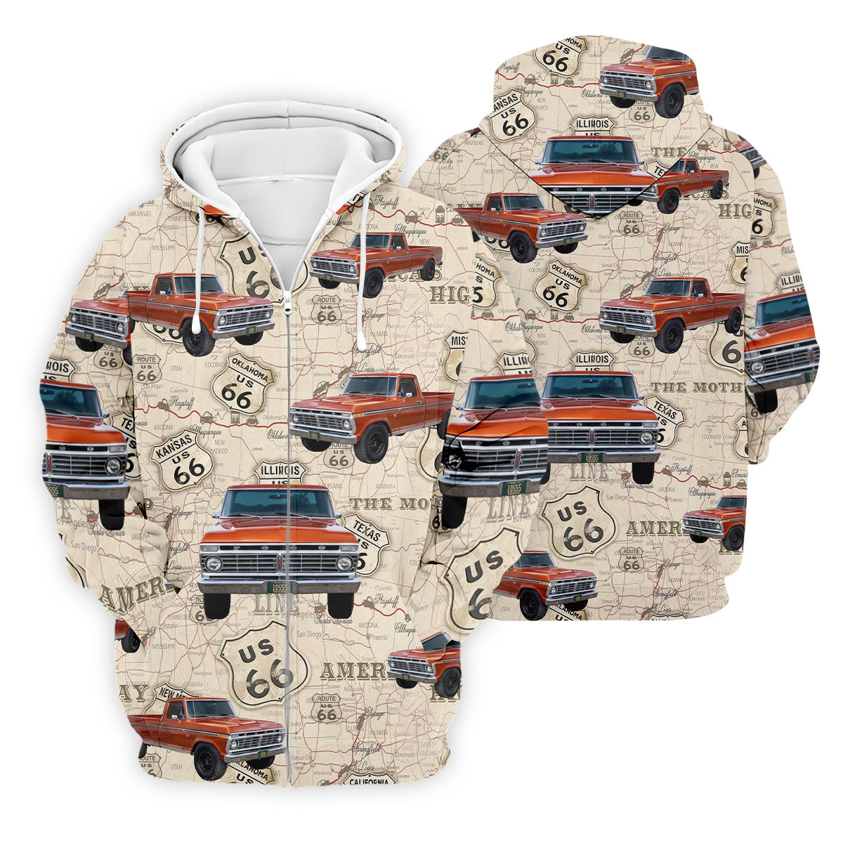 Custom Photo Truck Golf Shirt, Vintage Pickup Route 66 Map Pattern, Golf Shirt For Men