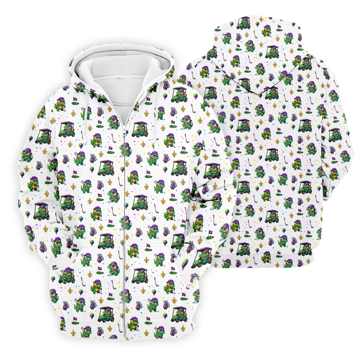 Funny Crocodile Golfing Mardi Gras Golf Shirts, White Golf Shirt, Golf Gift For Men, Golf Shirts For Men