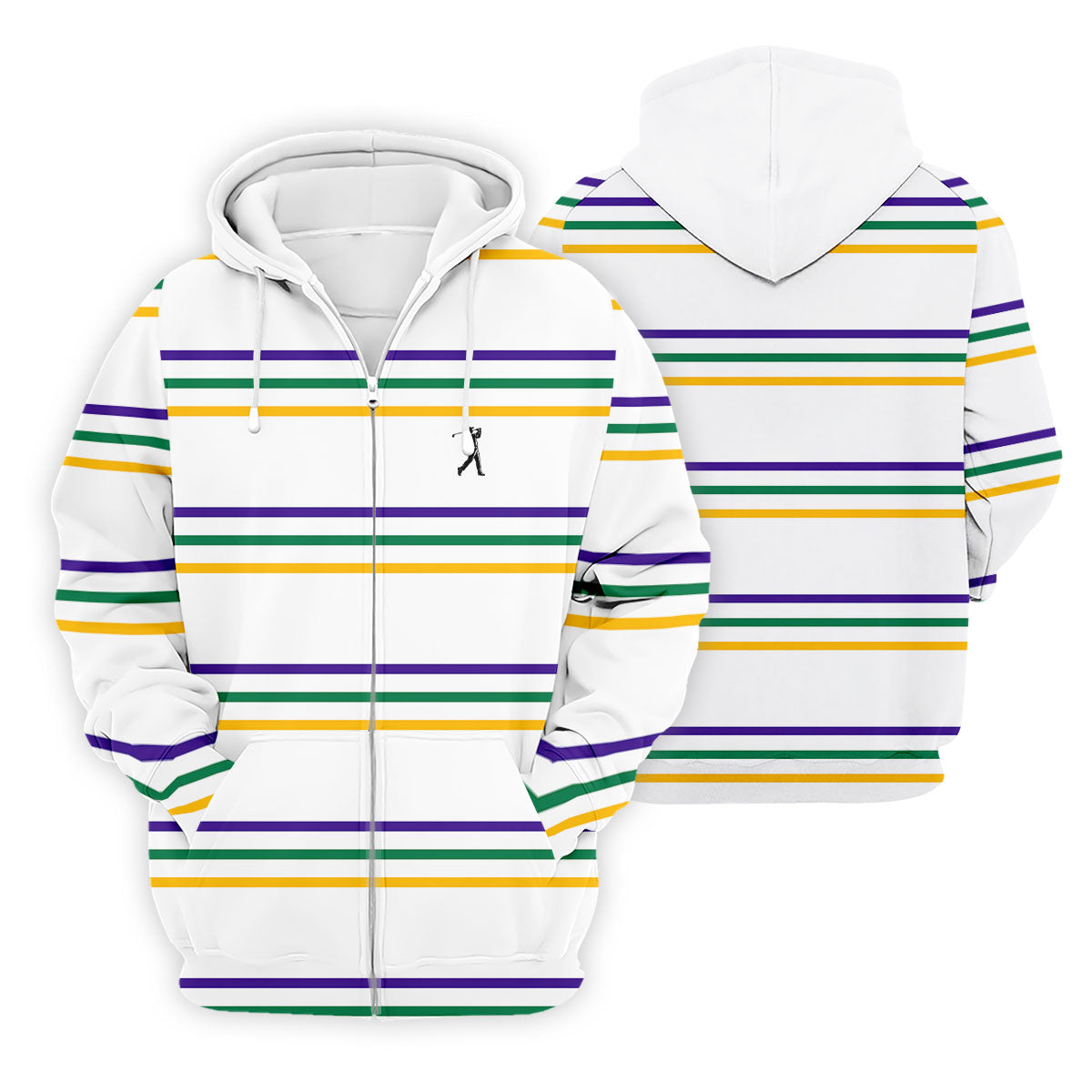 Mardi Gras Purple Green Gold Stripe Pattern Golf Tops For Men, Men's White Polo, Golf Shirts For Men