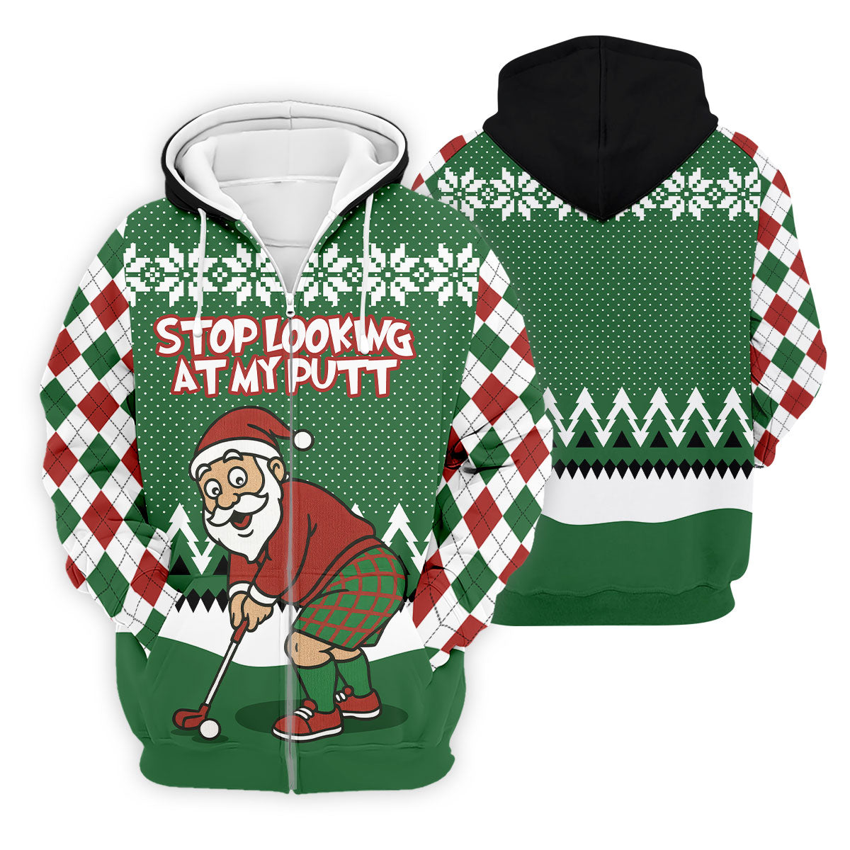 Stop Looking At My Putt Funny Santa Claus Argyle Golf Shirt, Christmas Golf Shirt, Polo ShirtFor Men