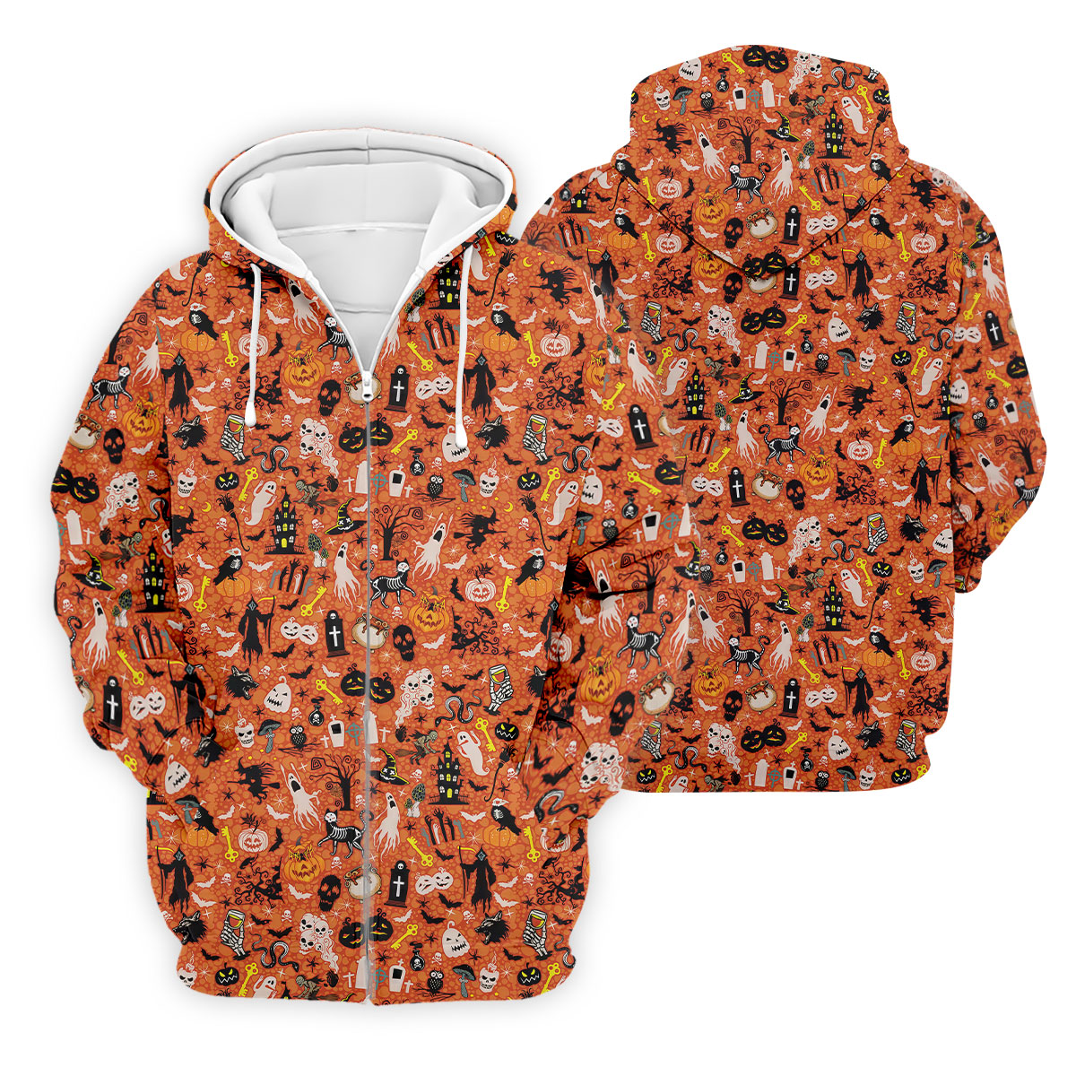 Halloween Skull Witch Cat Orange Golf Shirt, Funny Halloween Polo ShirtFor Men, Golf Gift For Men