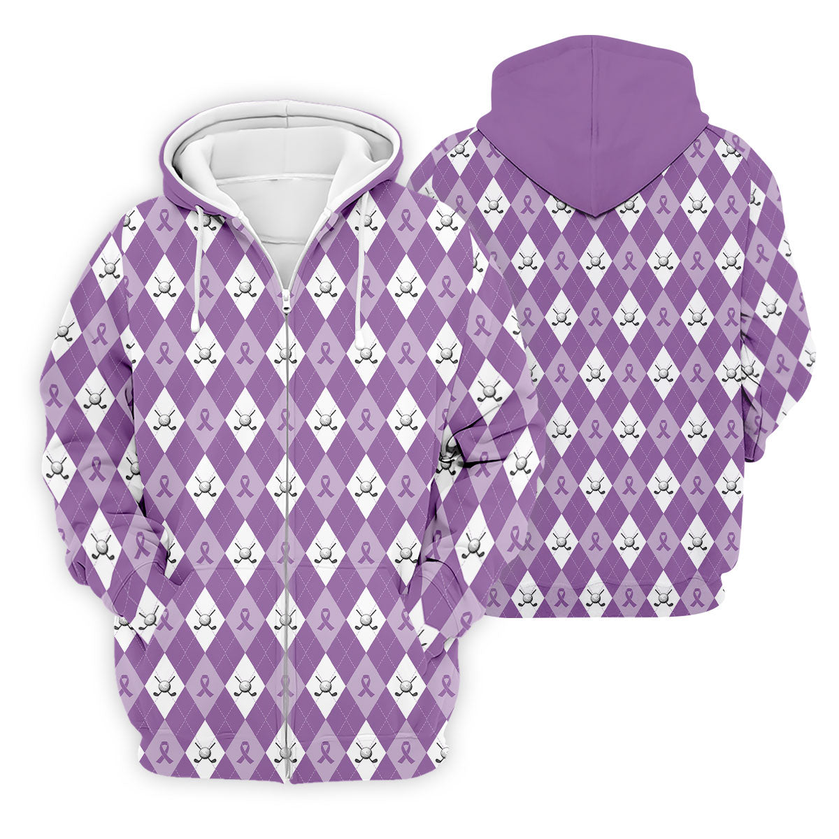 Pancreatic Cancer Purple And White Argyle Pattern Golf Tops For Men, Cancer Awareness Shirt