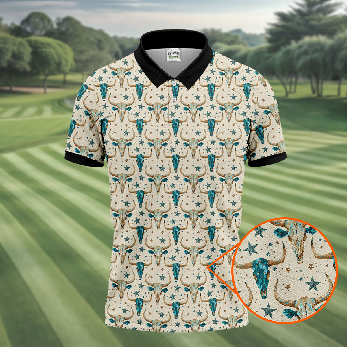 Cow Skulls Turquoise And Beige Western Theme Golf Tops For Men, Polo Shirtor Men, Golf Shirts For Men