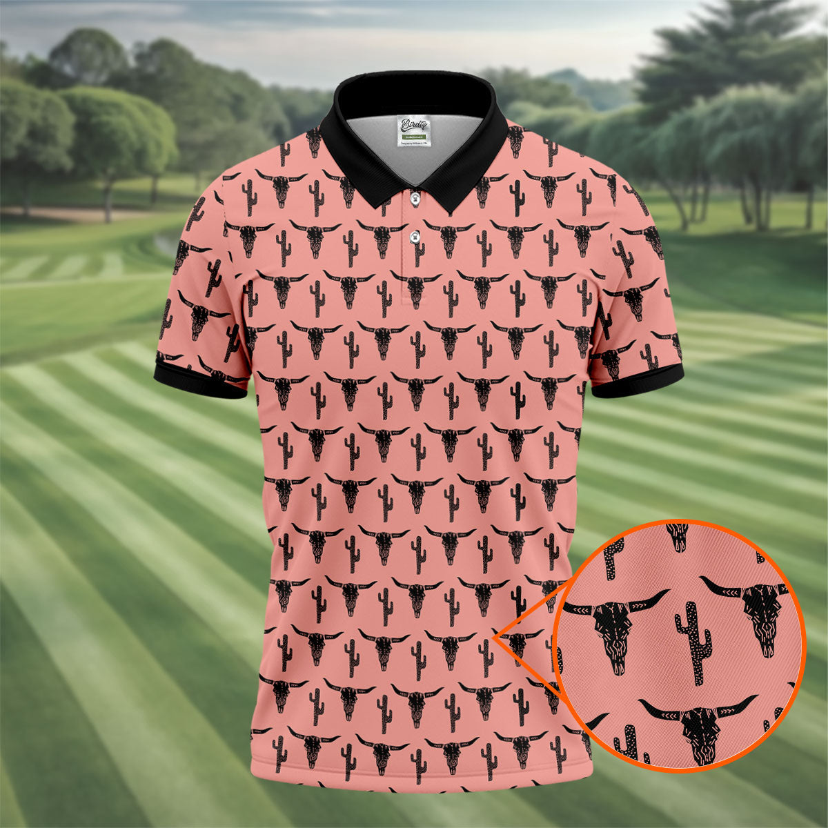 Longhorn Cow Skull Western Theme Peach Pink Golf Tops For Men, Polo Shirtor Men, Golf Shirts For Men