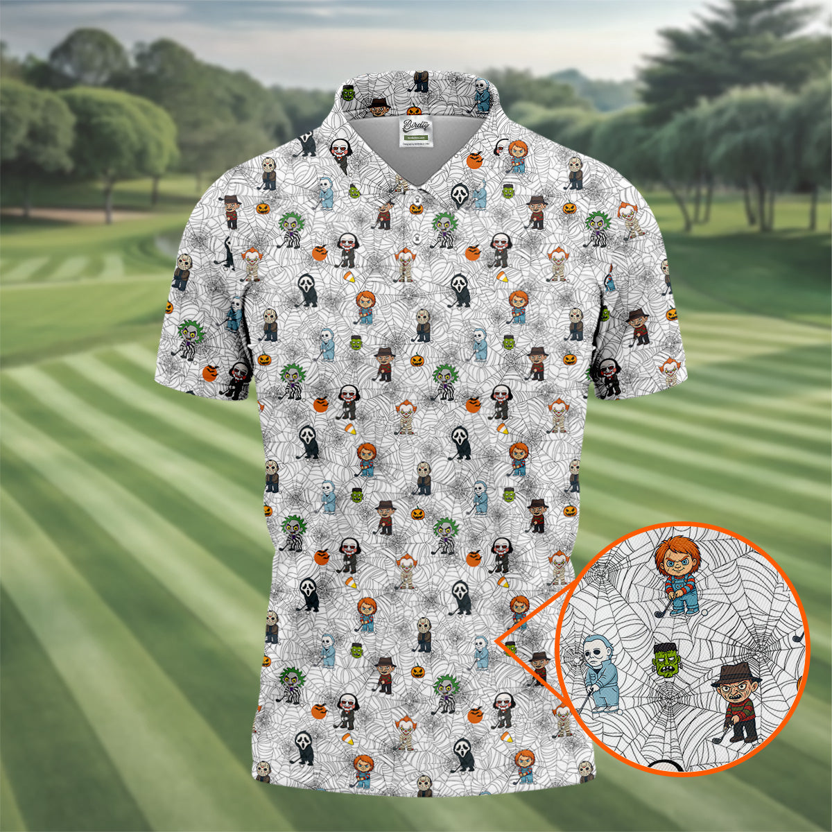Funny Horror Character White Golf Polo ShirtHorror Movie Shirt, Halloween Golf Shirt, Fun Golf Polos For Men