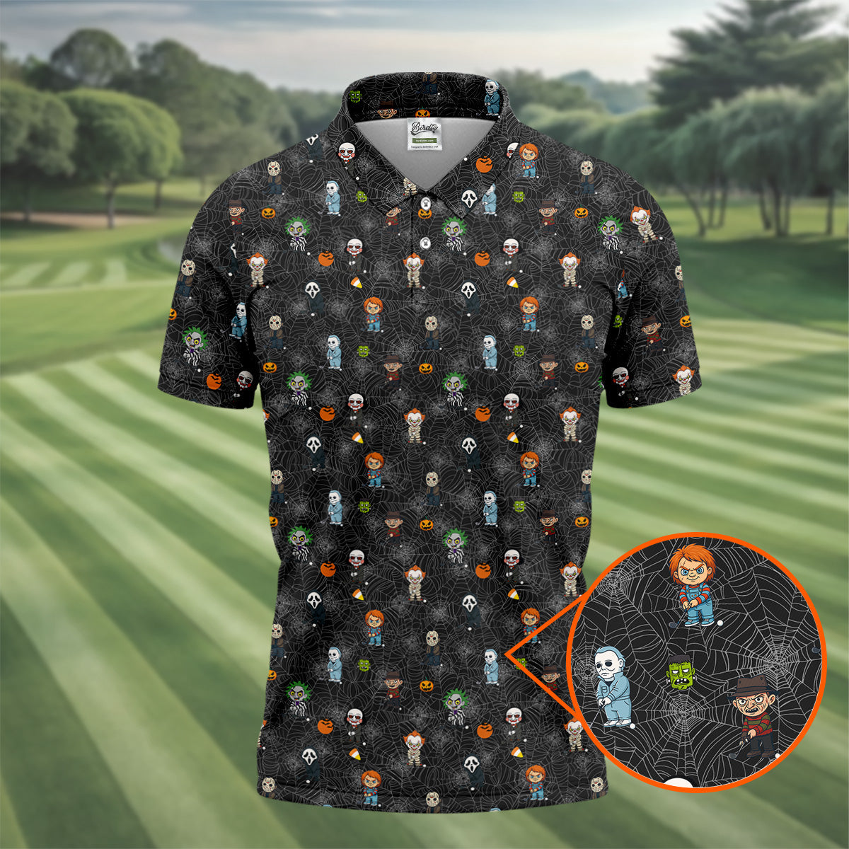 Funny Horror Character Black Golf Polo ShirtHorror Movie Shirt, Halloween Golf Shirt, Fun Golf Polos For Men