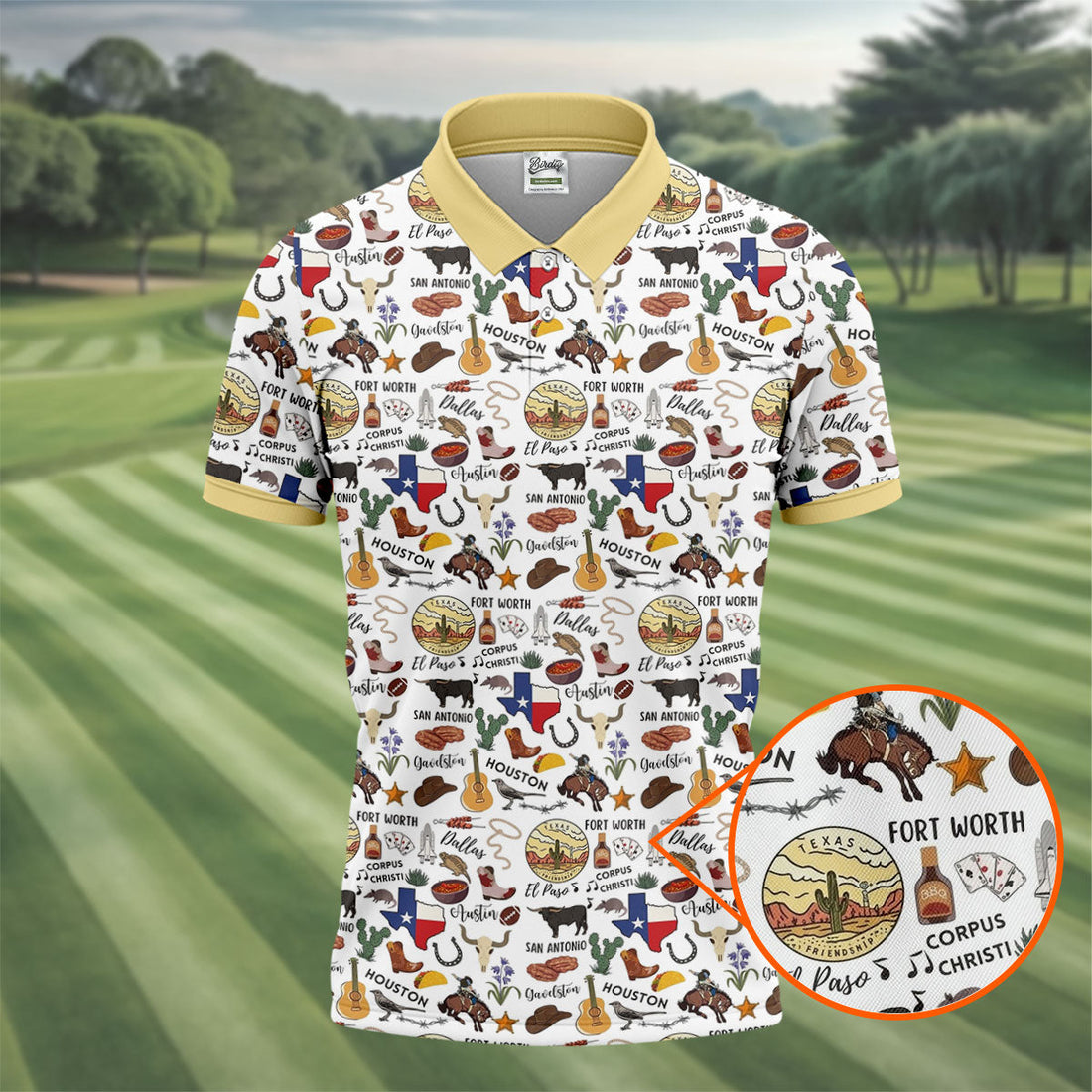 Texas Symbols Western Theme Doodle Style Golf Tops For Men, Polo Shirtor Men, Golf Shirts For Men