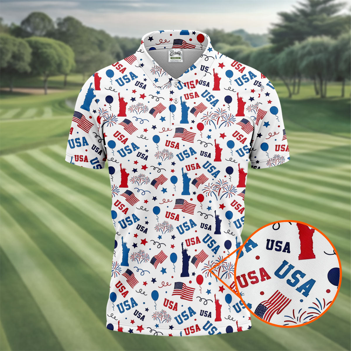 USA Red White Blue Seamless Pattern White Golf Shirt, 250th Anniversary Patriotic 4th Of July Golf Shirts For Men