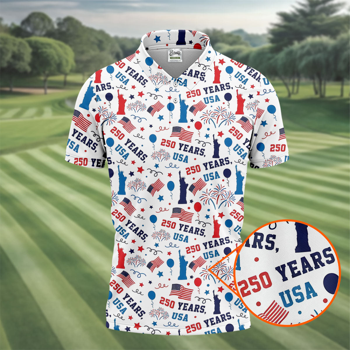 250 Years USA Red White Blue Seamless Pattern White Golf Shirt, Patriotic 4th Of July Golf Shirts For Men