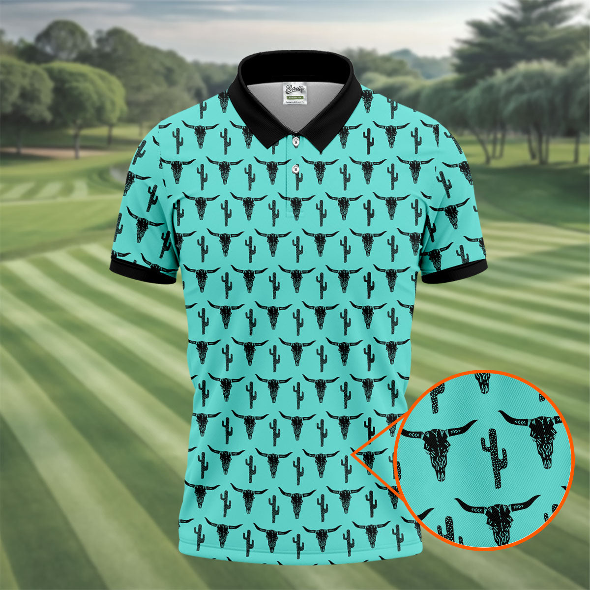 Longhorn Cow Skull Western Theme Peacock Blue Golf Tops For Men, Polo Shirtor Men, Golf Shirts For Men