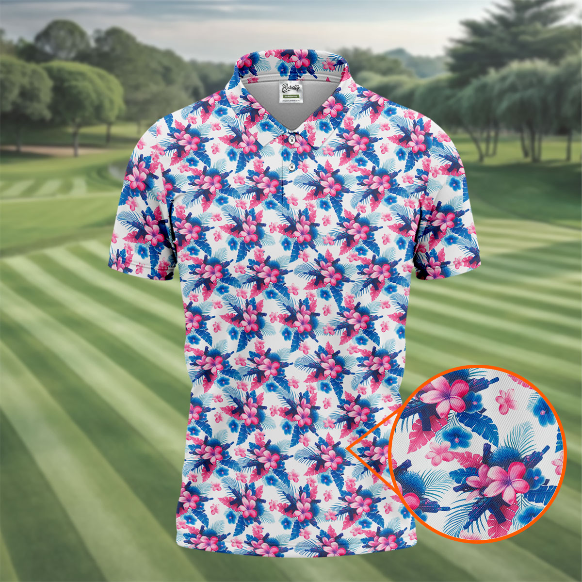Pink Blue Tropical Floral Hawaiian Golf Shirt, Vibrant Color Golf Shirts For Men