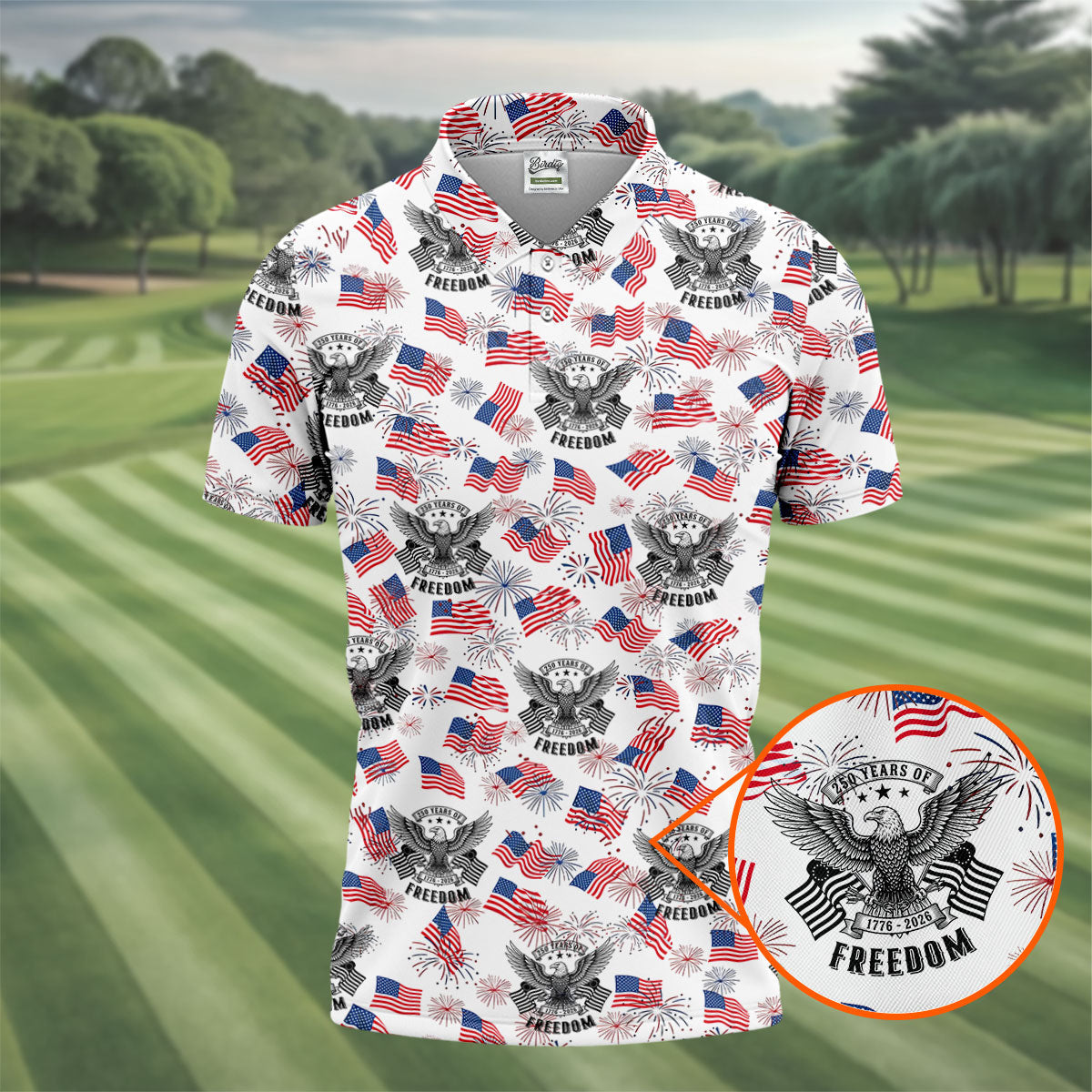 250 Years Of Freedom Festive Flag Vintage White Golf Shirt, Patriotic 4th Of July Golf Shirts For Men