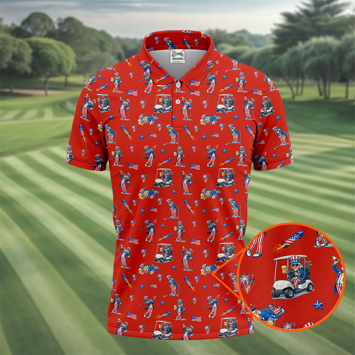 Patriotic Man Golf And Beer Funny 4th Of July Red Golf Shirt, 250 Years Seamless Pattern Golf Shirts For Men