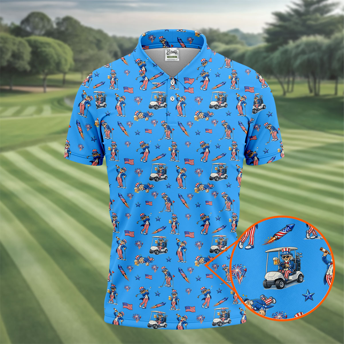 Patriotic Man Golf And Beer Funny 4th Of July Blue Golf Shirt, 250 Years Seamless Pattern Golf Shirts For Men