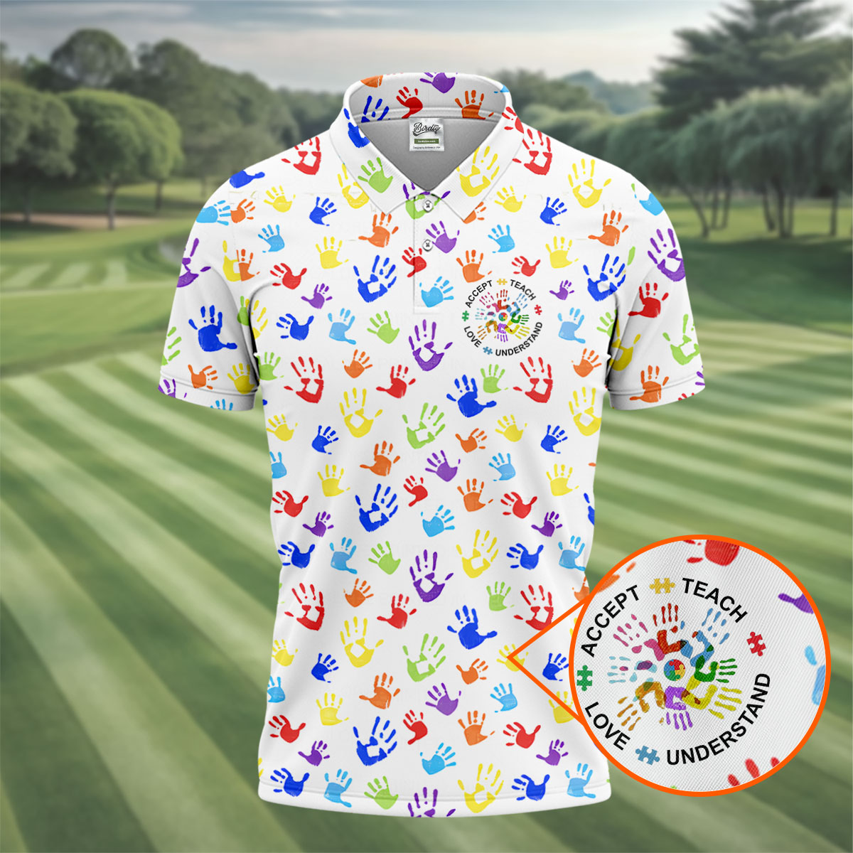 Accept Teach Understand Love Autism Awareness Colorful Handprint White Golf Shirt, Golf Shirts For Men