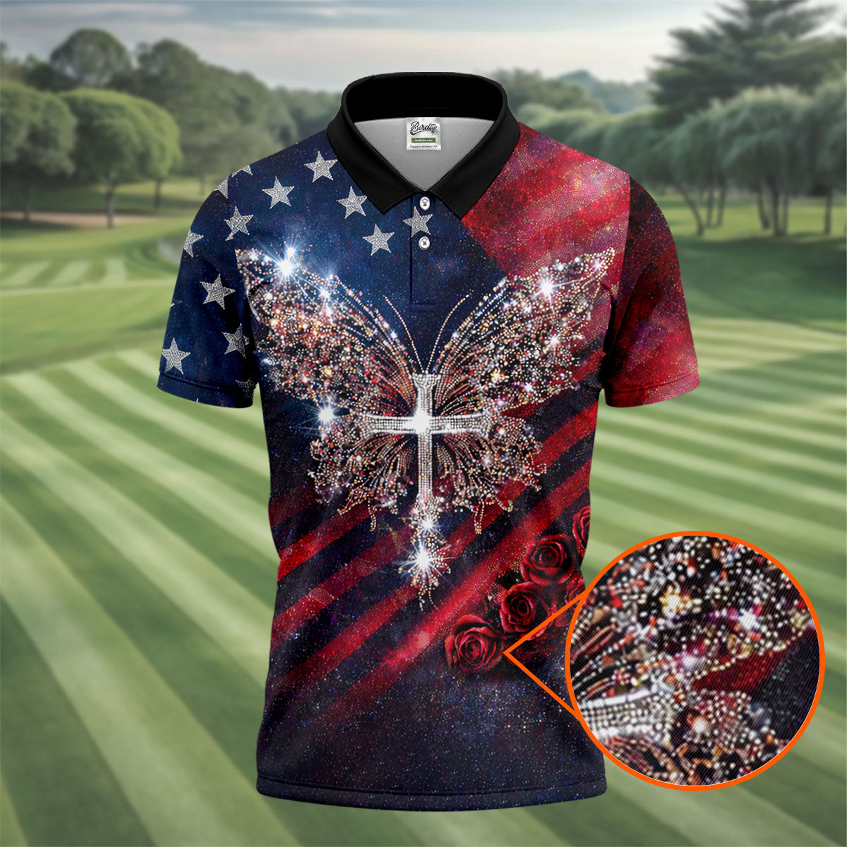 Vintage Faith Rhinestone Butterfly American Flag Golf Shirt, 250 Years Patriotic 4th Of July Golf Shirts For Men