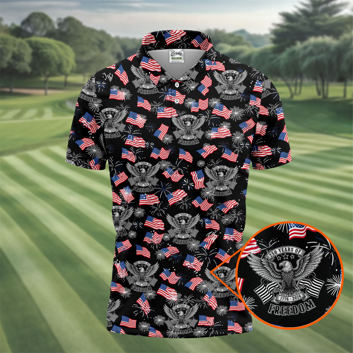 250 Years Of Freedom Festive Flag Vintage Black Golf Shirt, Patriotic 4th Of July Golf Shirts For Men